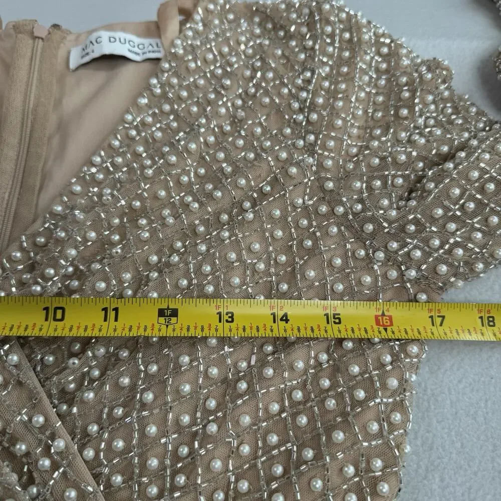 Mac Duggal 10062 Beige Size 4 Wrap Over Pearl Gown Beaded Bishop Sleeves NWT - Picture 8 of 16